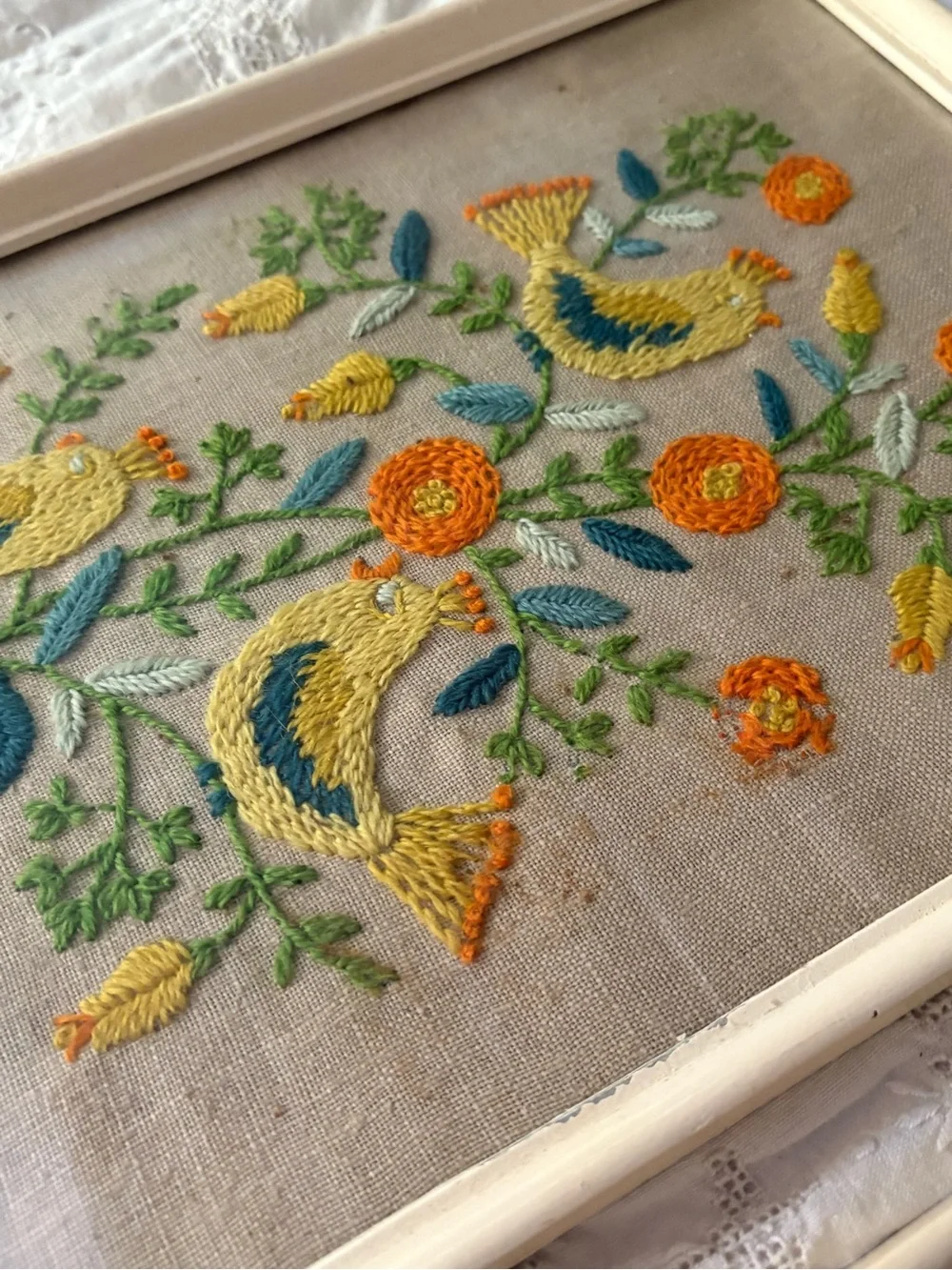 Vintage 70s Hand-Embroidered Yellow Bird Wall Art Pair Folk Art